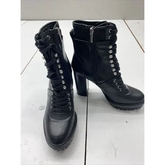 Vince Camuto Ermania Combat Block Heel Platform Boots Black Leather Size  New